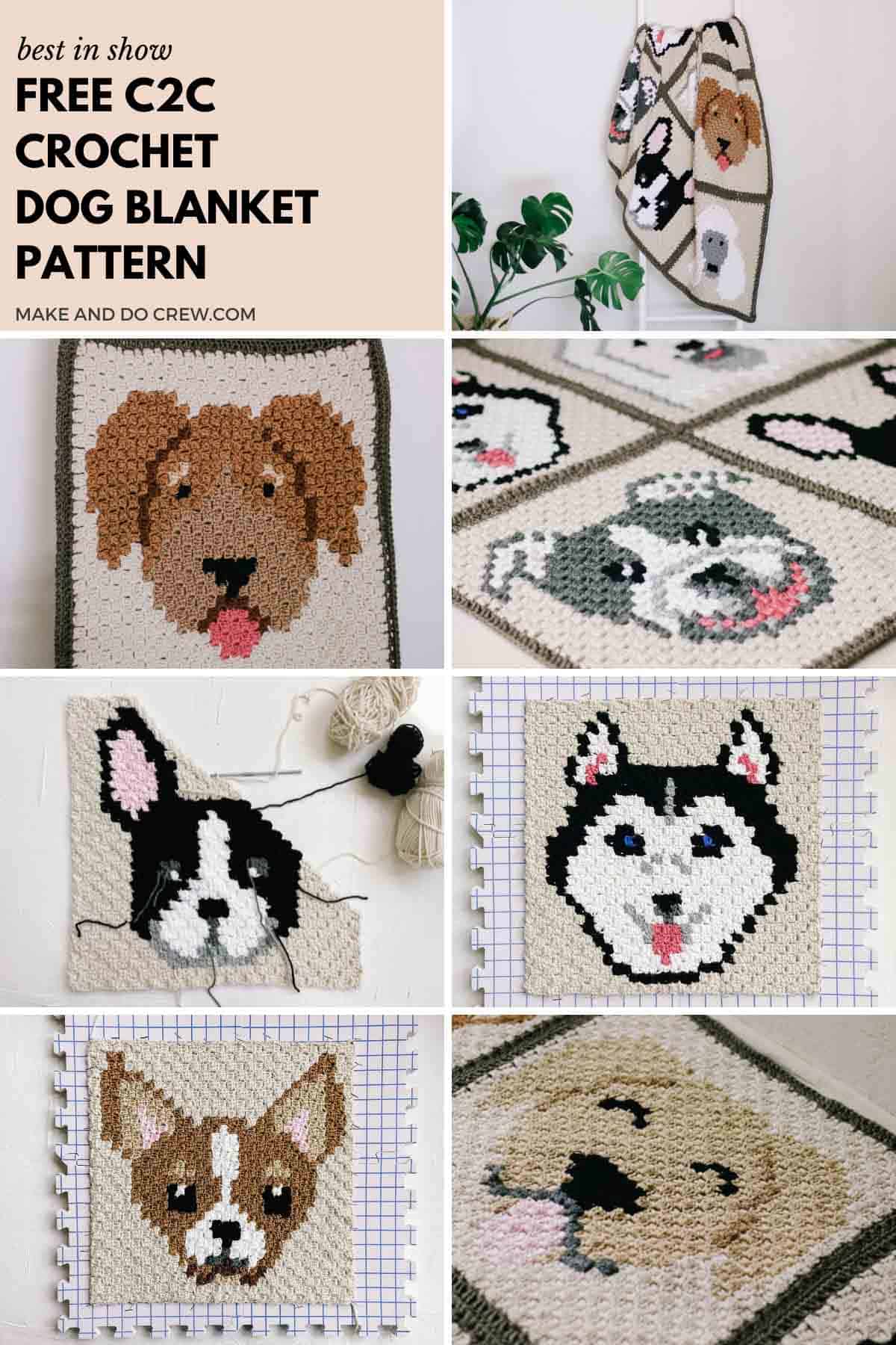 This image shows a free crochet pattern for a dog breed c2c crochet blanket. The images show the different breeds of dogs featured.