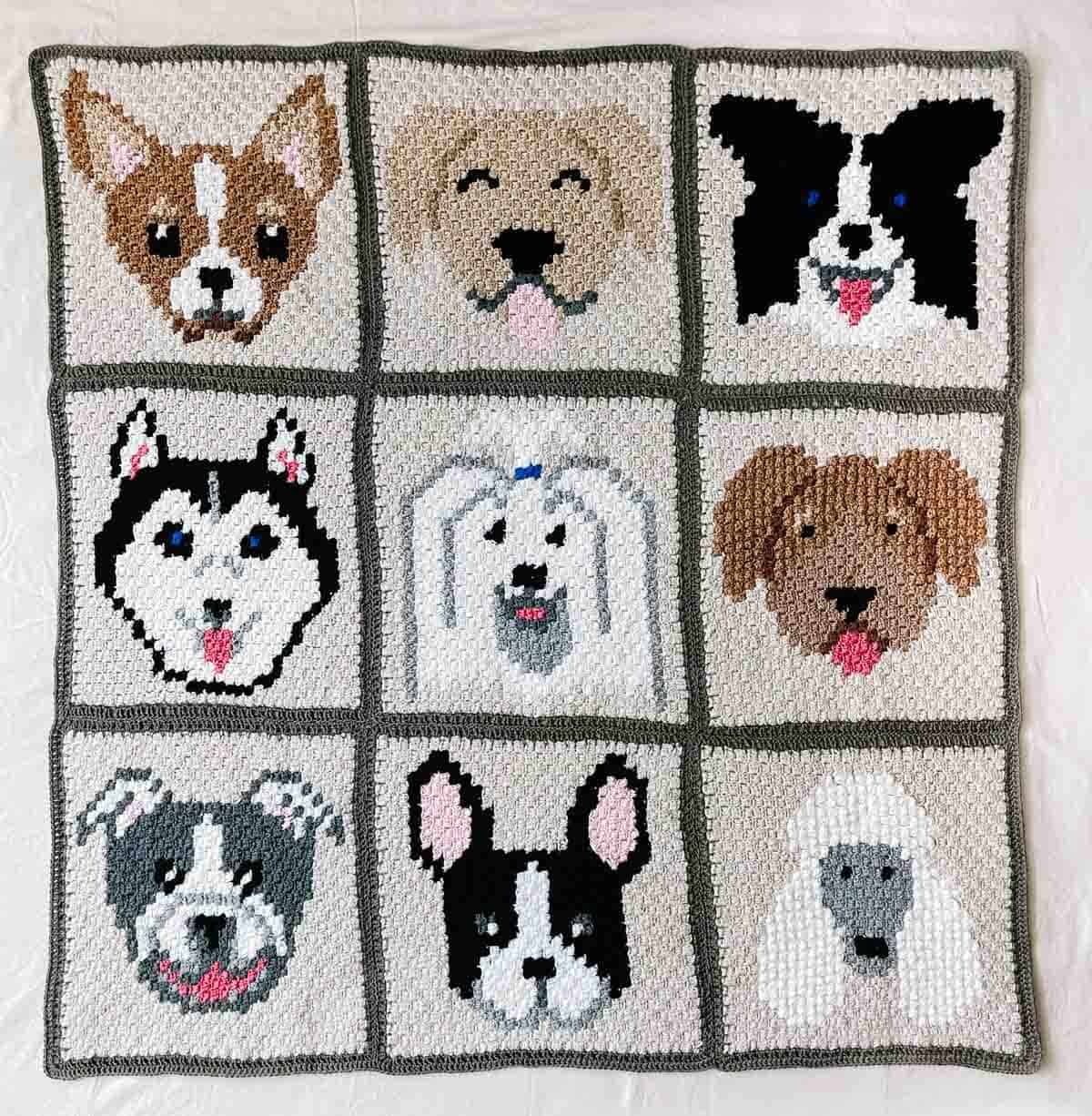 This image shows a free crochet pattern for a c2c crochet dog breed blanket.