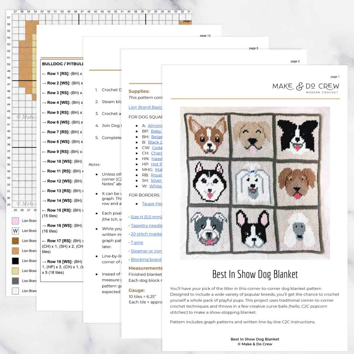 On overhead image of several pages of the "Best In Show" crochet pattern PDF.