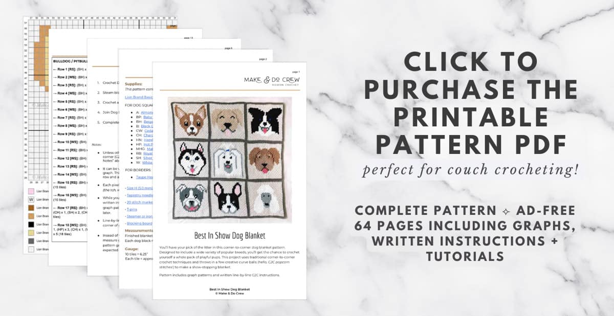 On overhead image of several pages of the "Best In Show" crochet pattern PDF with text that says "click to purchase printable pattern."