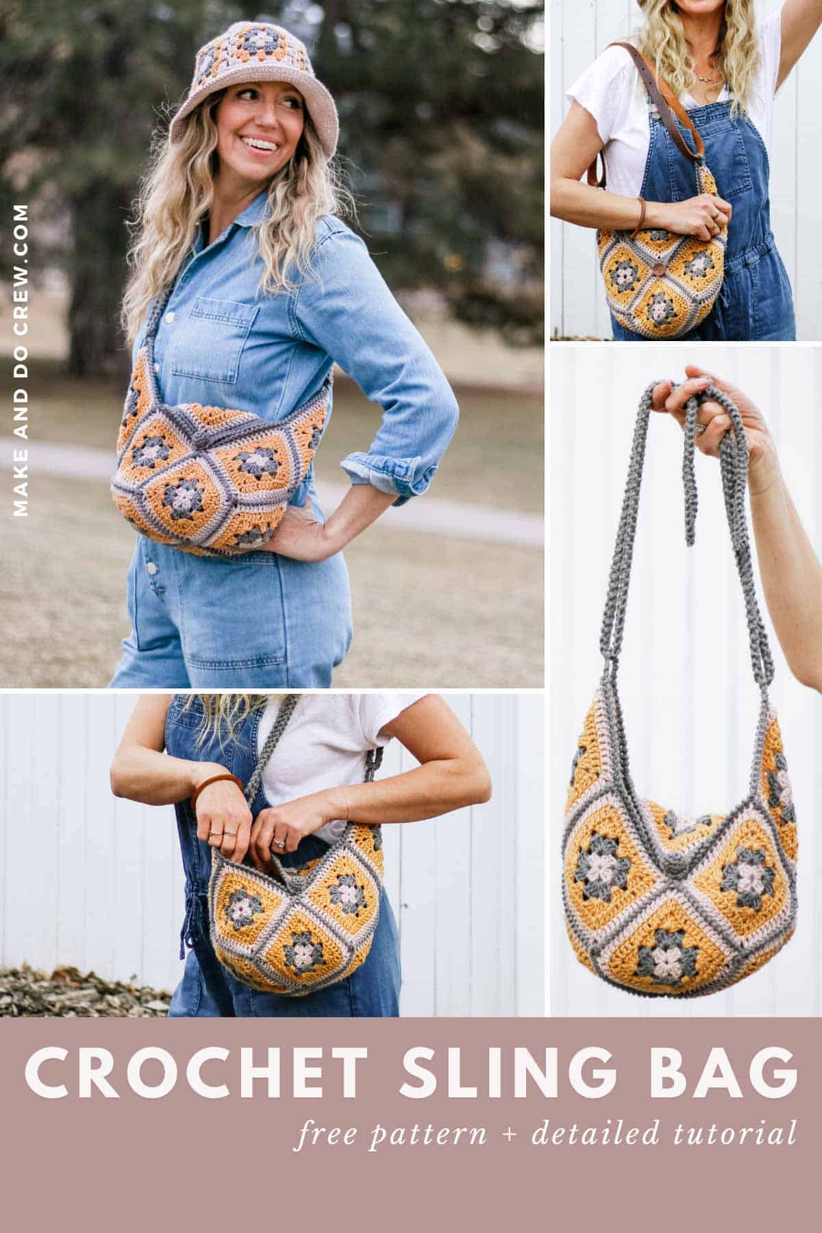 This image shows four pictures of a free crochet granny square purse pattern.