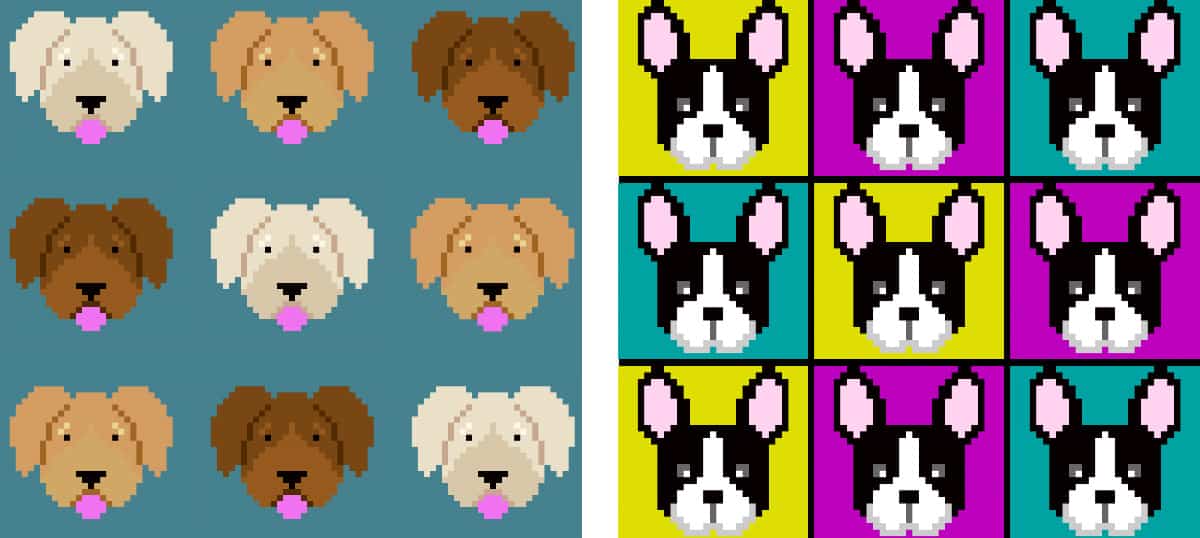 This image shows two variations of a corner to corner crochet dog face blanket. One image shows a blue background with various goldendoodle faces and the other image shows a colorful blanket with repeating french bulldog faces.