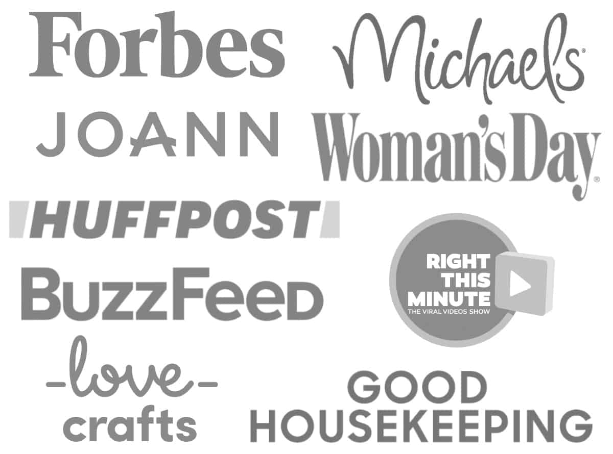 A collage of greyscale company logos showing where the crochet blog, MakeAndDoCrew.com has been featured, including: Forbes, Woman's Day and Good Housekeeping.