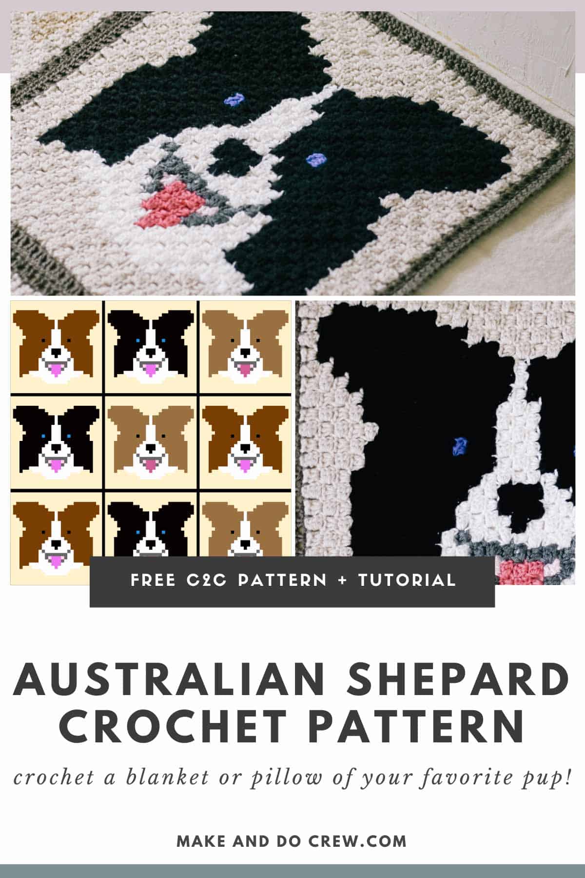 This image shows a free crochet pattern for a dog portrait corner to corner crochet square, featuring an Australian Shepard or a Border Collie.