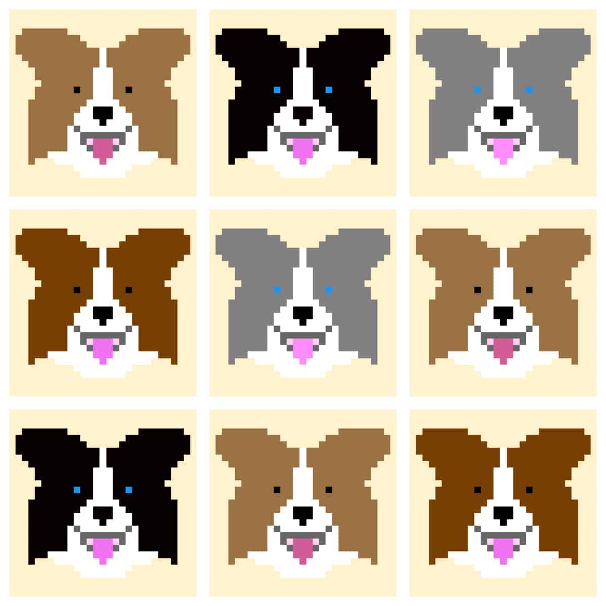 A grid of nine differently colored Border Collie and Australian Shepard dogs illustrated in a pixel style.