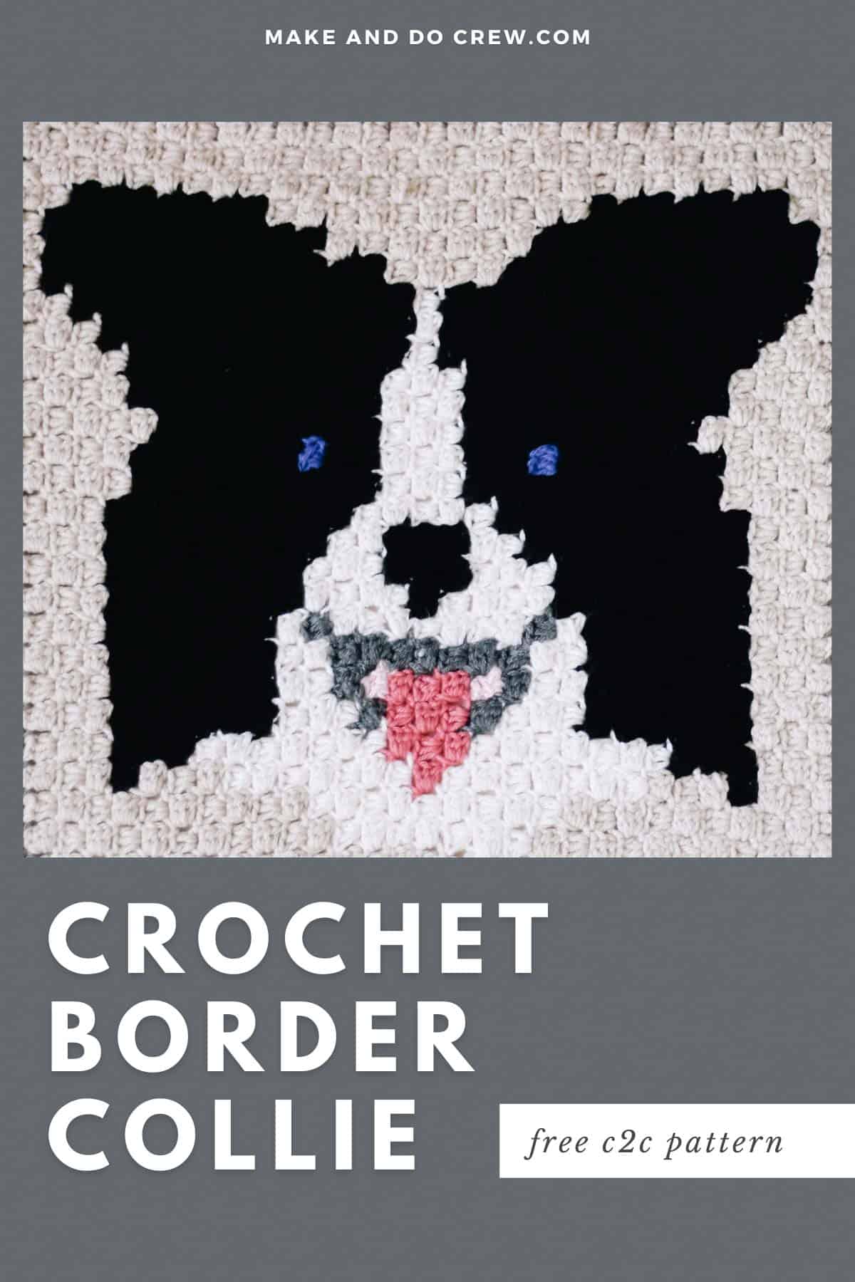 This image shows a corner to corner crochet block with a crocheted Border Collie's face on it.