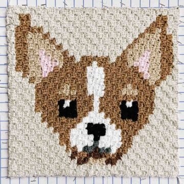 An overhead view of a C2C crochet chihuahua blanket square made with shades of brown and cream Basic Stitch yarn.
