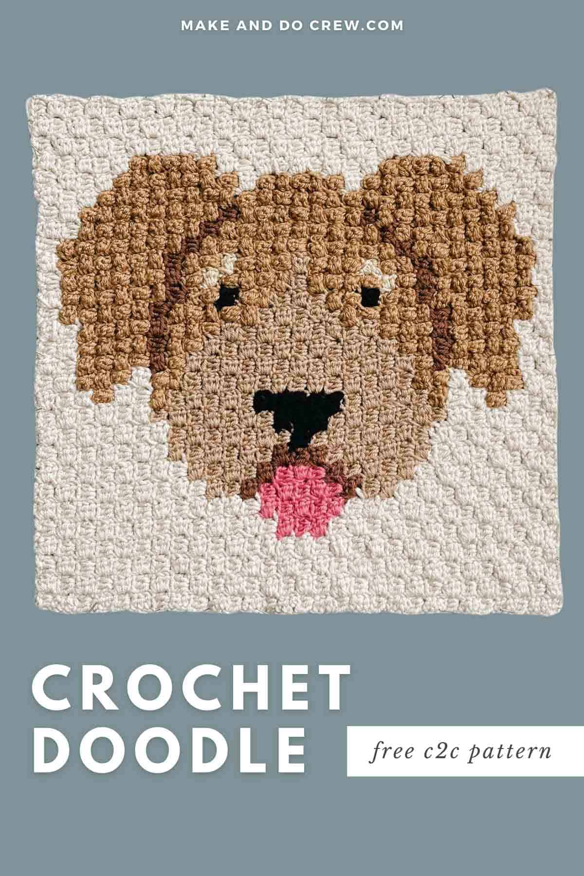 This image shows a free crochet pattern for a doodle dog corner to corner crochet square.