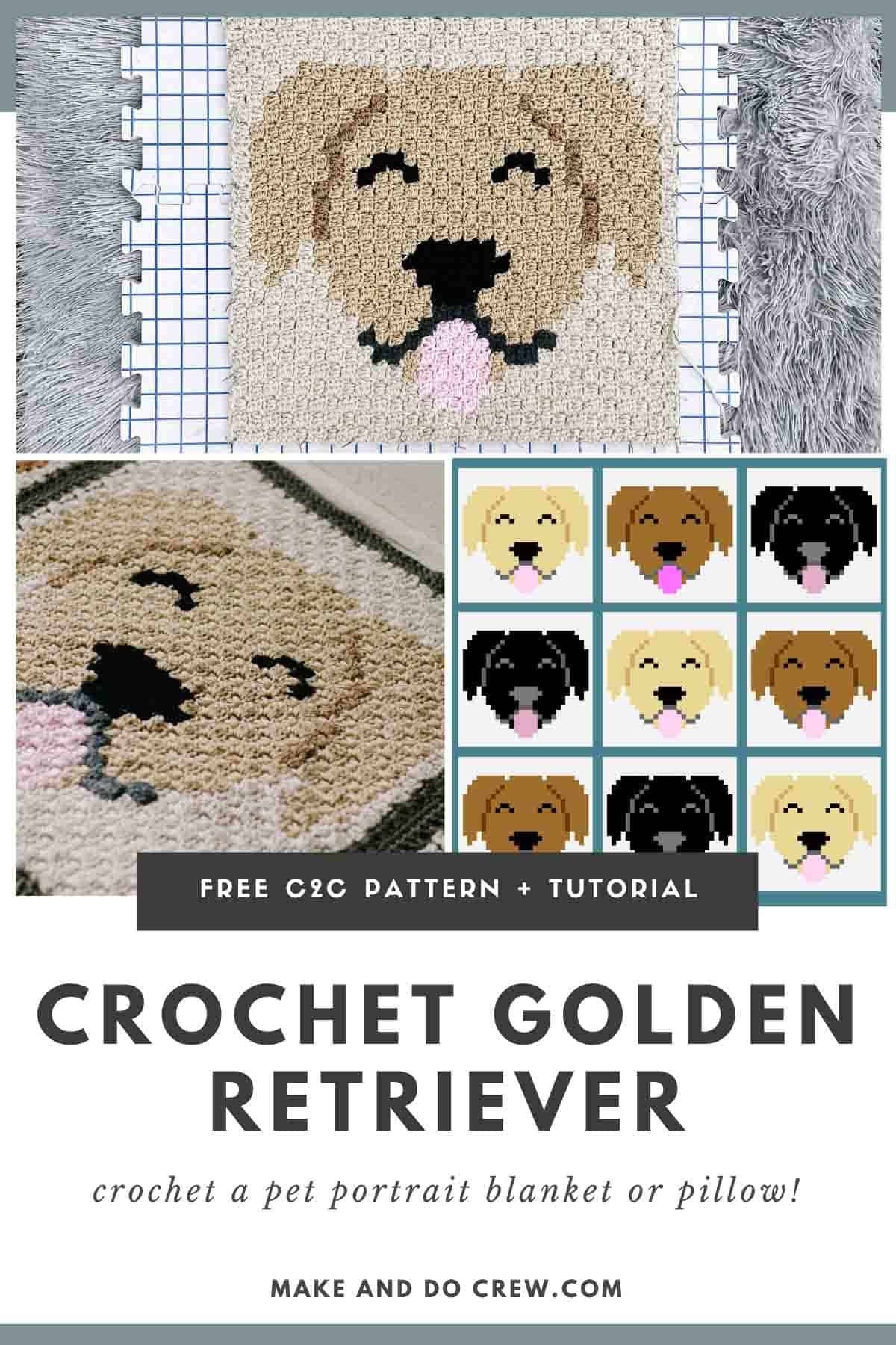 This image shows a free crochet pattern for a golden retriever corner to corner crochet blanket.