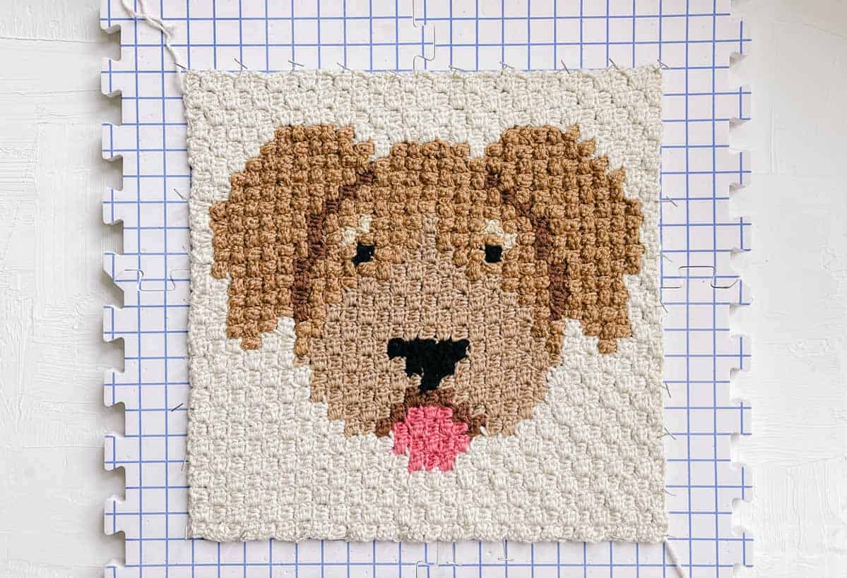 An overhead shot of dog corner-to-corner puff and bobble stitches crochet blanket pinned on a puzzle-shaped mat.