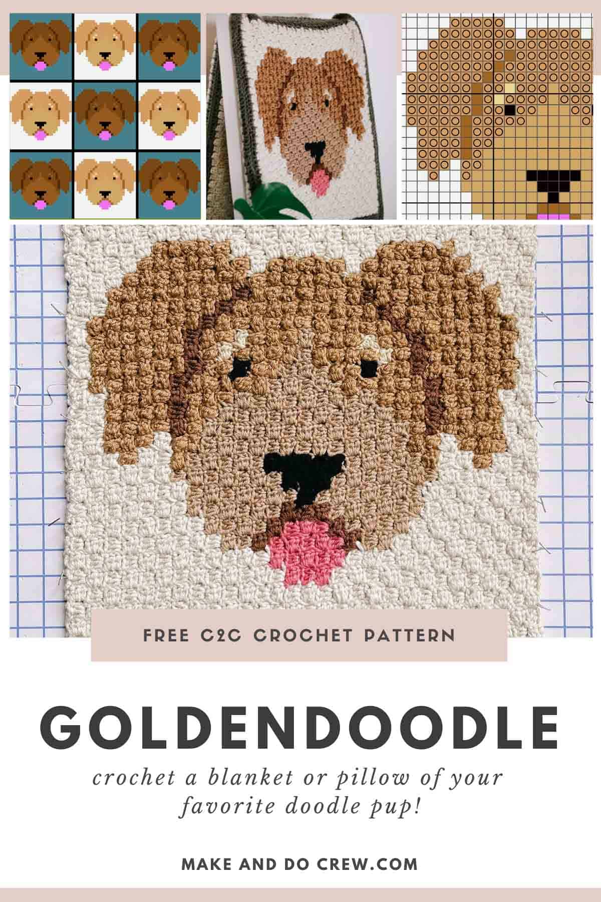 This image shows a free crochet pattern for a corner to corner goldendoodle crochet square.