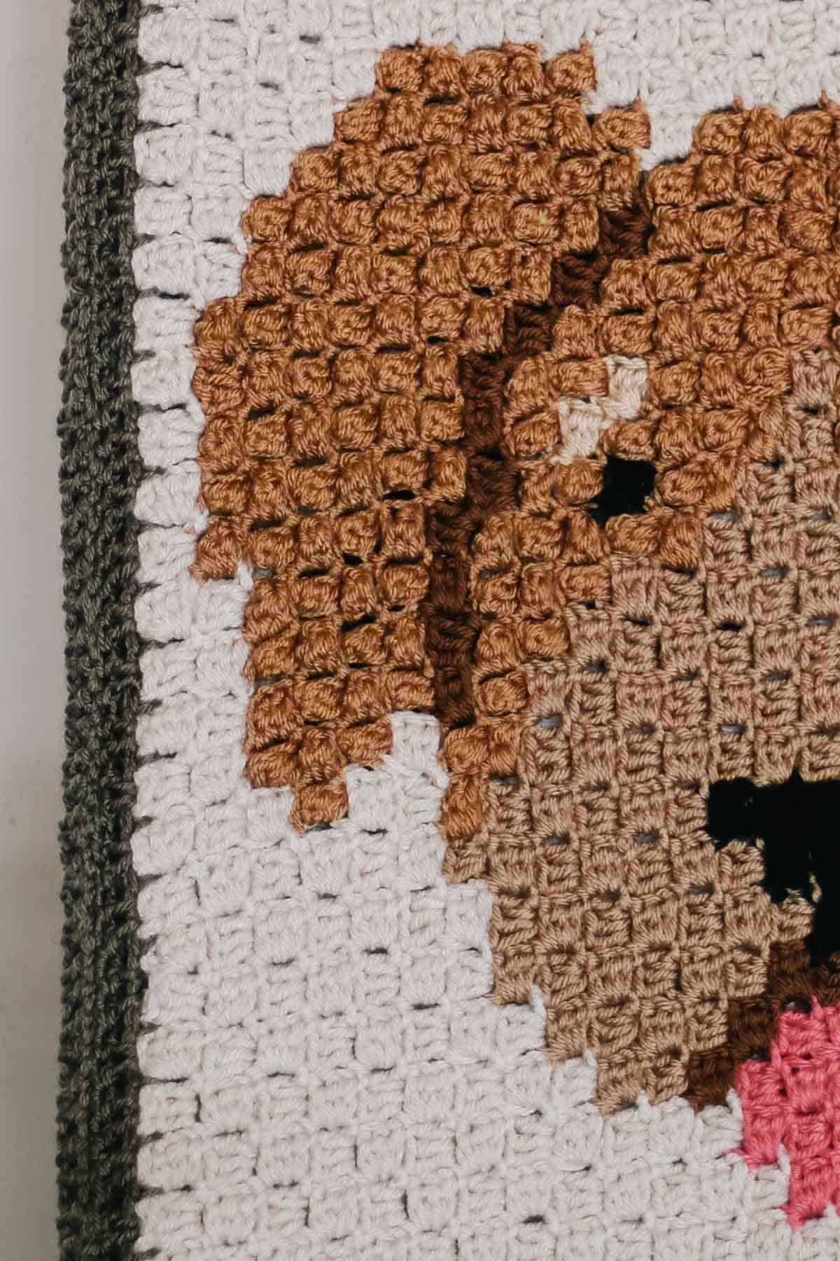 This image shows a close up of a corner to corner crochet square of a brown goldendoodle dog face.