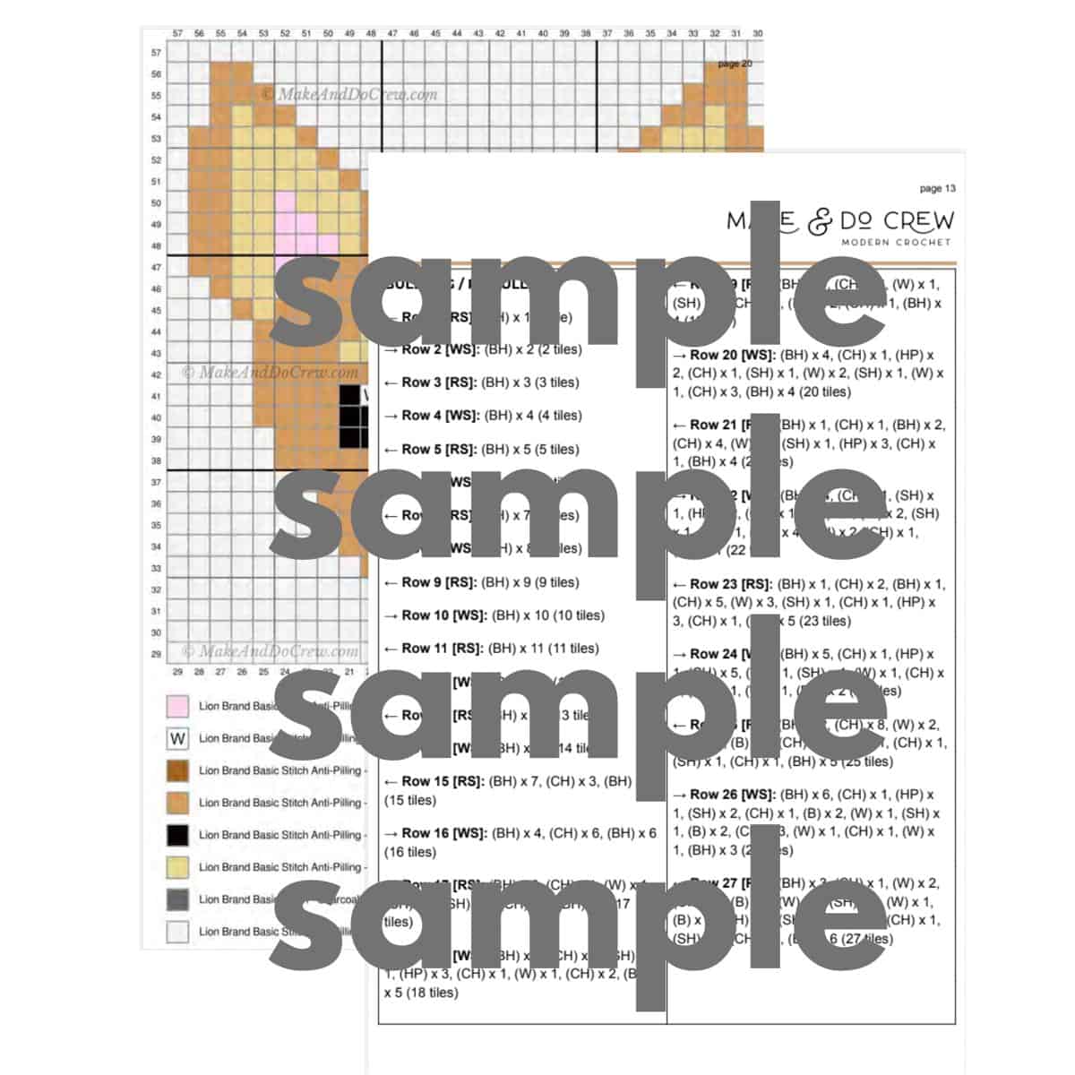 An image of a corner to corner crochet dog pattern with a graph and written pattern. The image has the word "sample" on it in large, bold type.