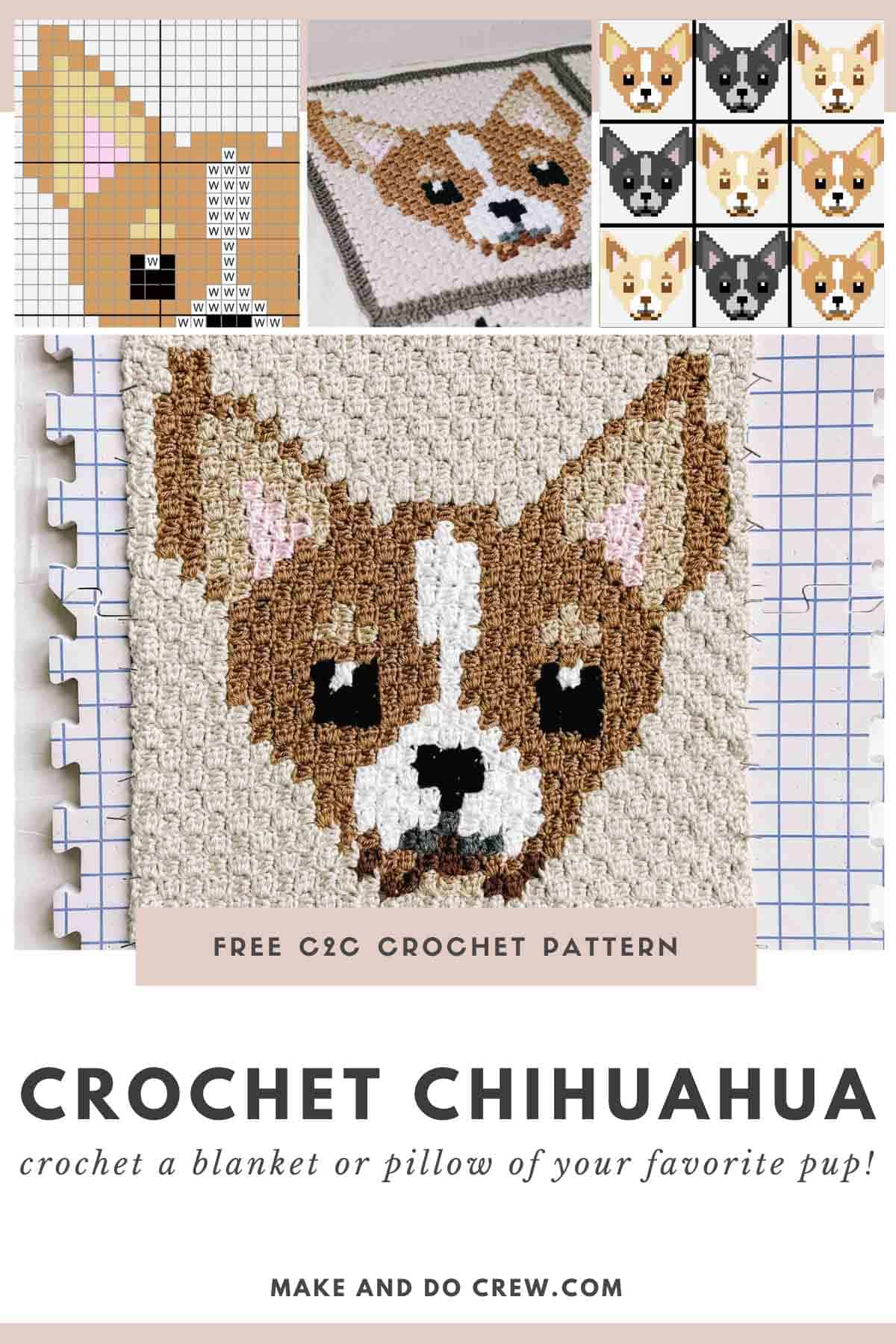 This image shows a free crochet pattern for a corner to corner crochet square featuring a Chihuahua dog.