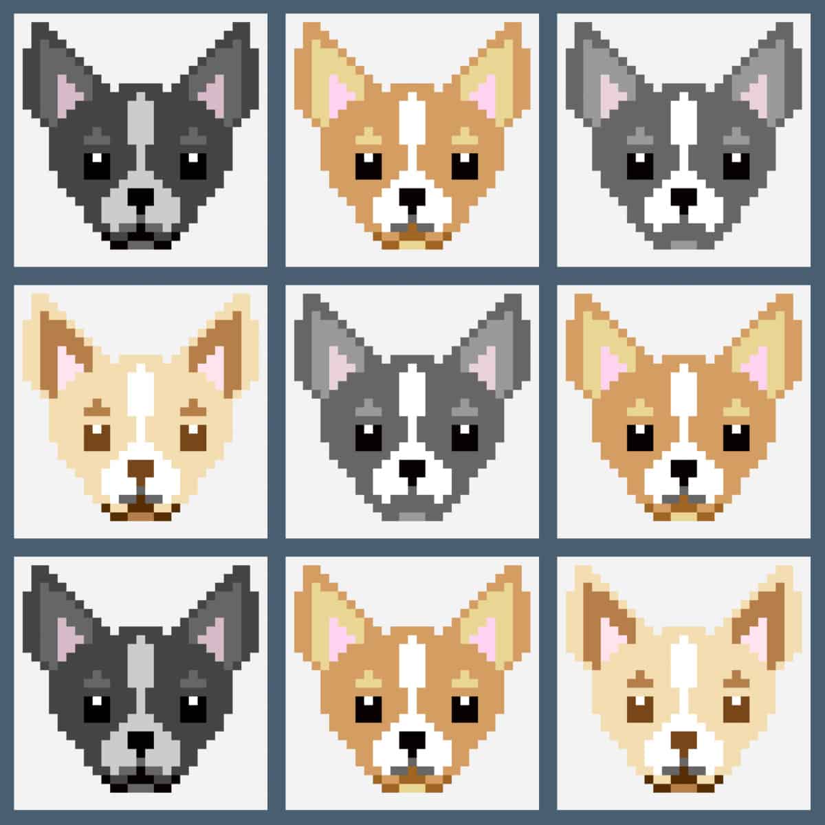 This image shows a pixelated version of a corner to corner crochet dog blanket, featuring a dark gray and white chihuahua, a tan and white chihuahua and a light brown and white chihuahua.