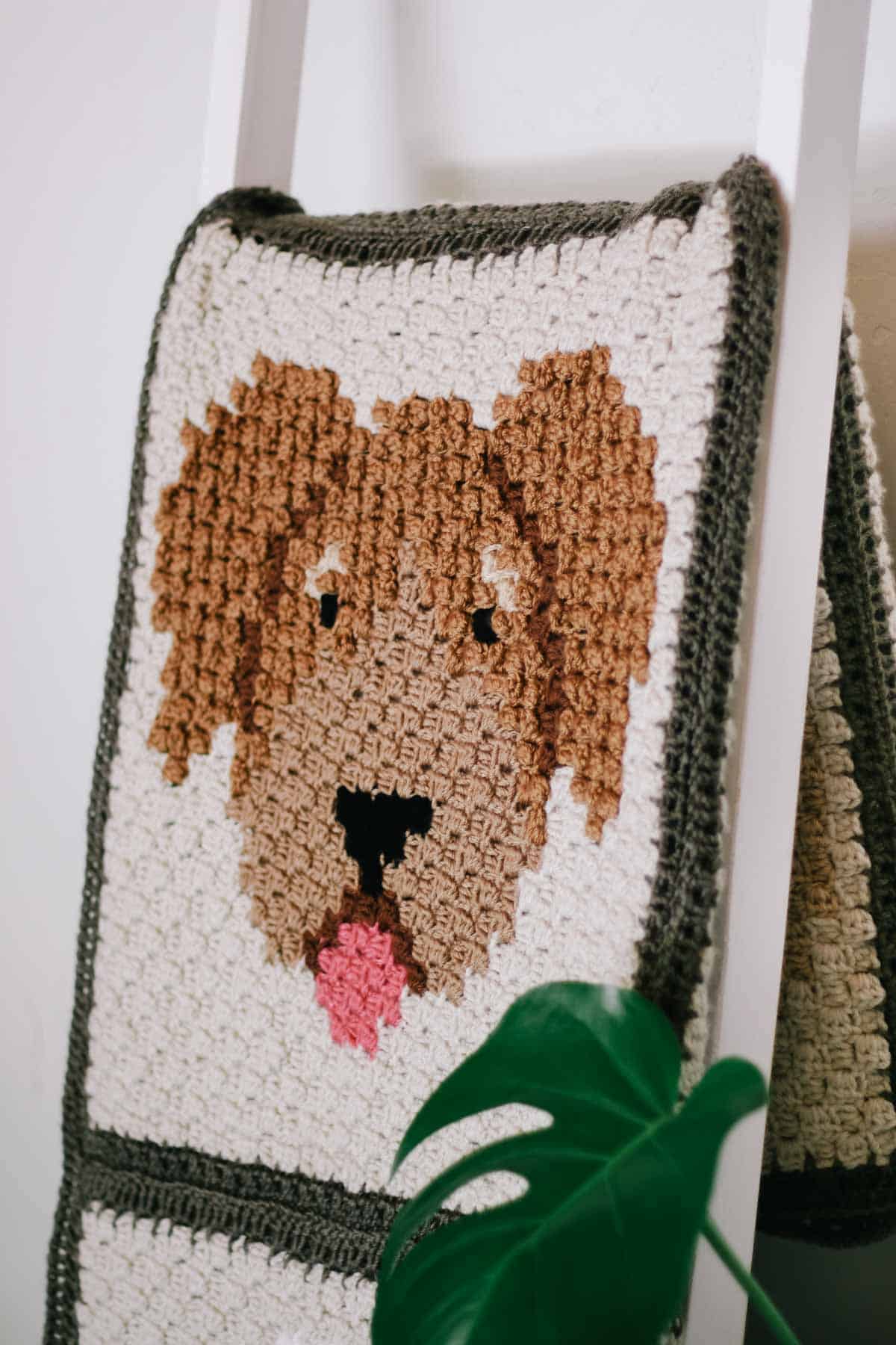 This image shows a corner to corner crochet square of a brown goldendoodle or labradoodle dog face.