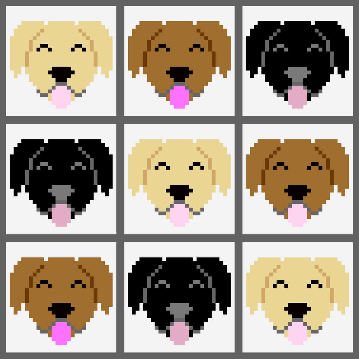 This image shows an example of what a corner to corner crochet blanket would look like with three different color labrador retriever faces including black, yellow and chocolate.