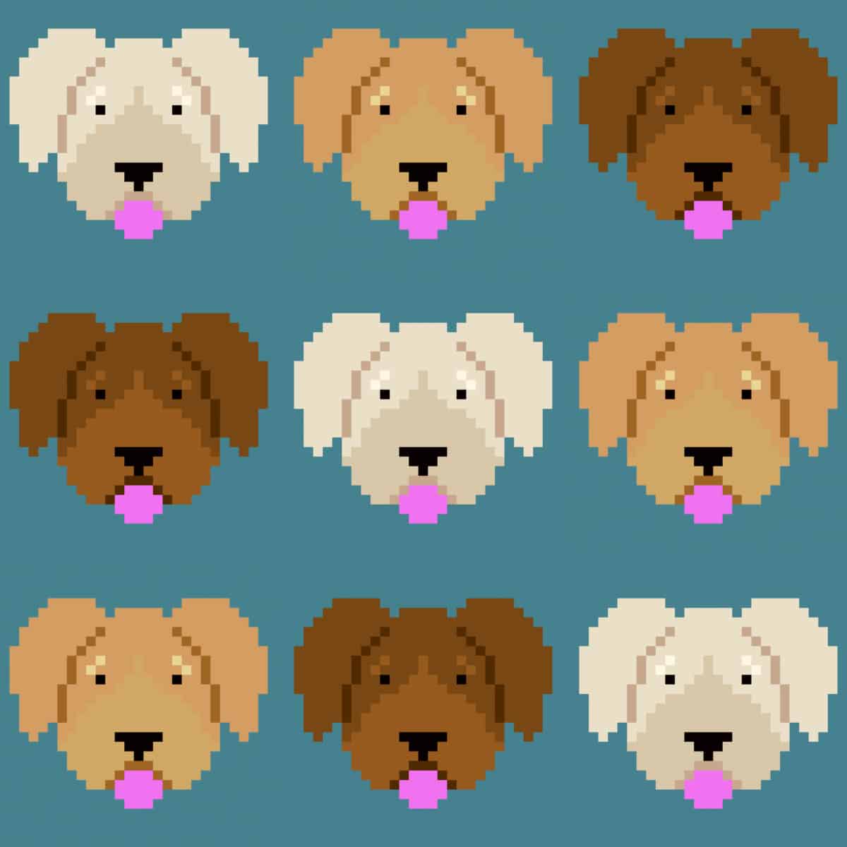 This image shows an example of what a corner to corner crochet dog face blanket would look like with a light brown, tan and dark brown dog face alternating throughout the blanket. The dog faces are on a teal background.