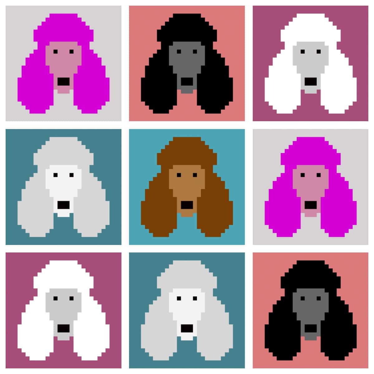 This image shows a grid of nine Poodle faces in pixel illustration form. The squares are alternating with the Poodle faces in different colors, including black, pink, white, and gray. This shows an example of how a corner to corner crochet blanket might look with the Poodle face pattern square.