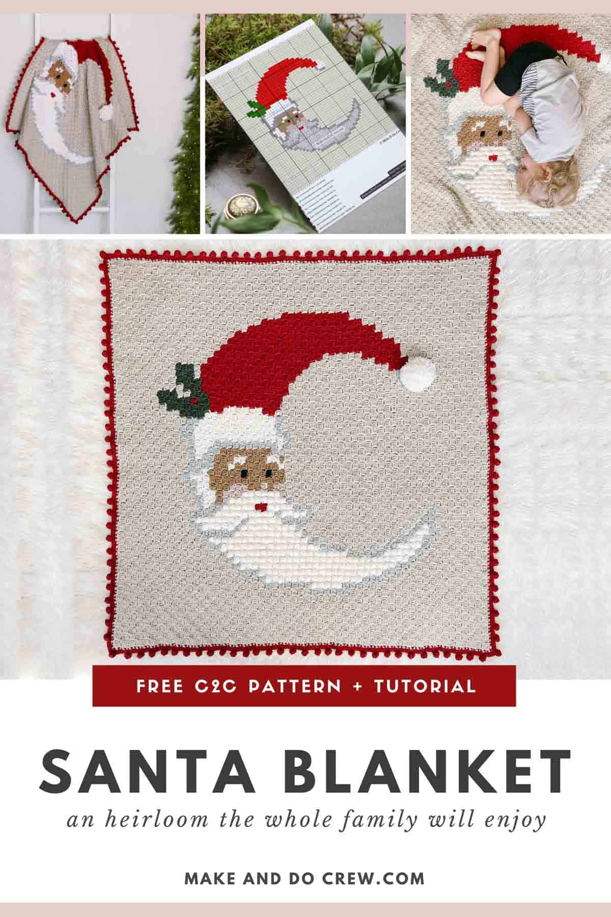 A grid of images of a c2c crochet blanket with a crescent-shaped Santa face and a red bobble stitch border.
