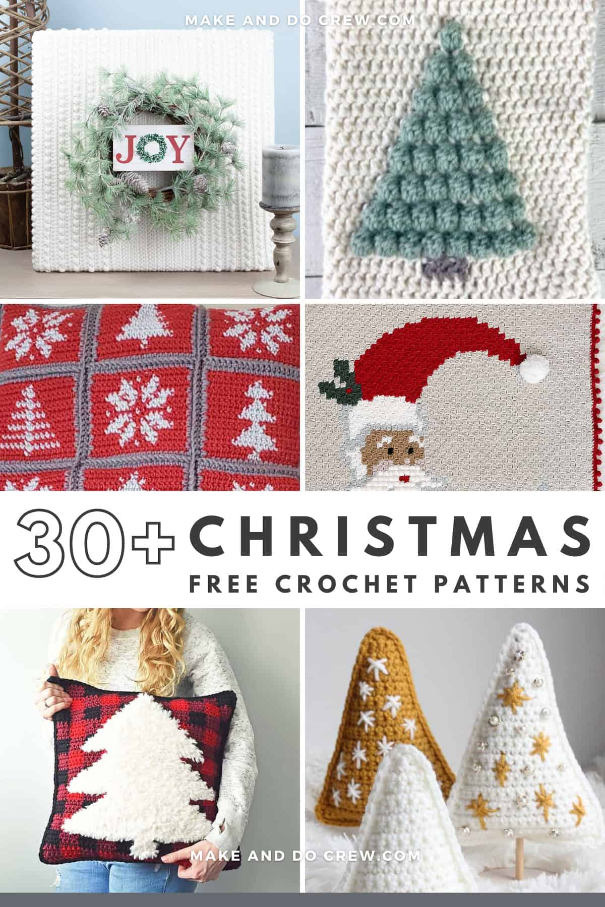 A grid of six crochet Christmas crochet projects including pillows, a C2C crochet Santa blanket, gold and white Christmas trees and a bobble stitch stocking.
