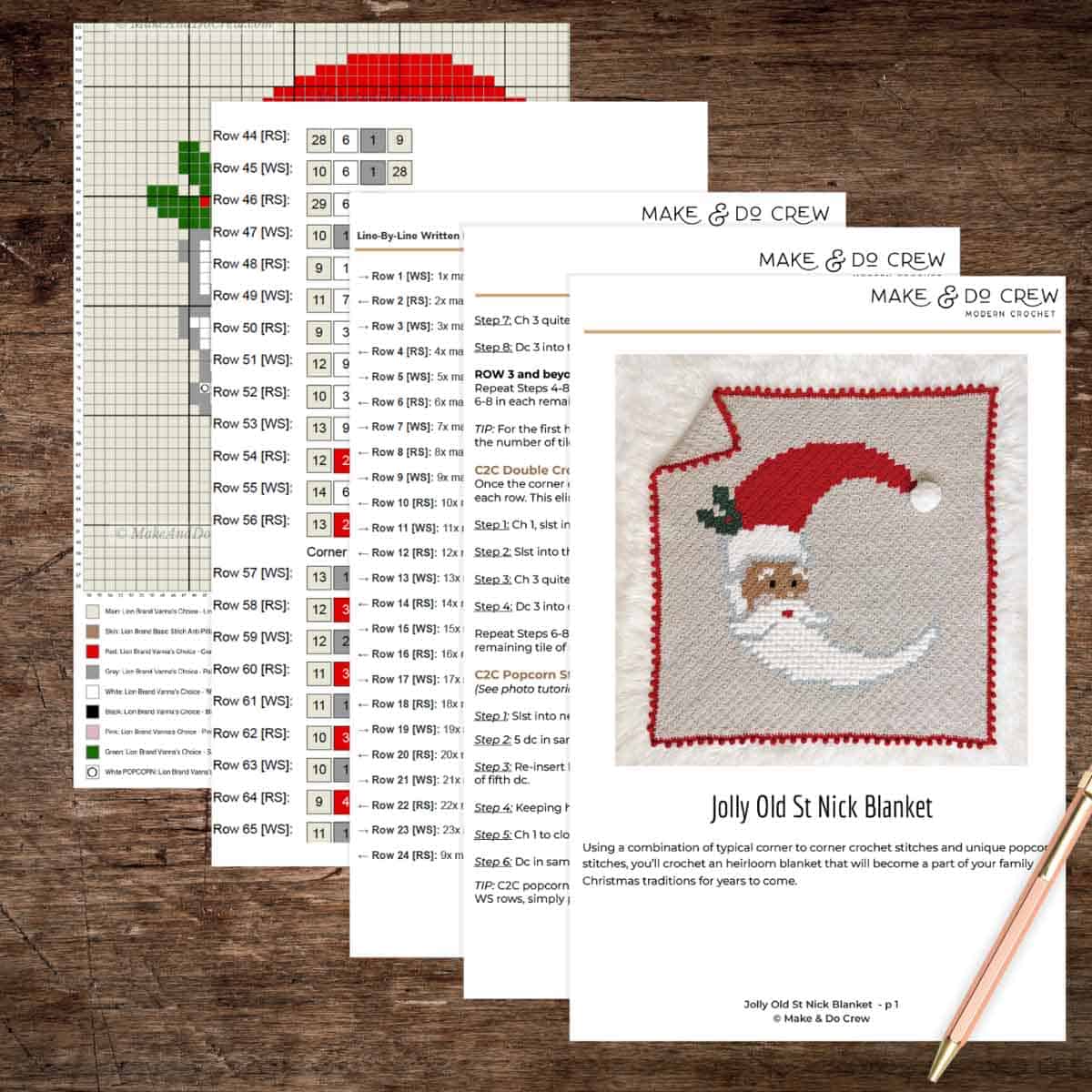 This image shows a printable PDF preview of a crochet pattern for a corner to corner Santa blanket.