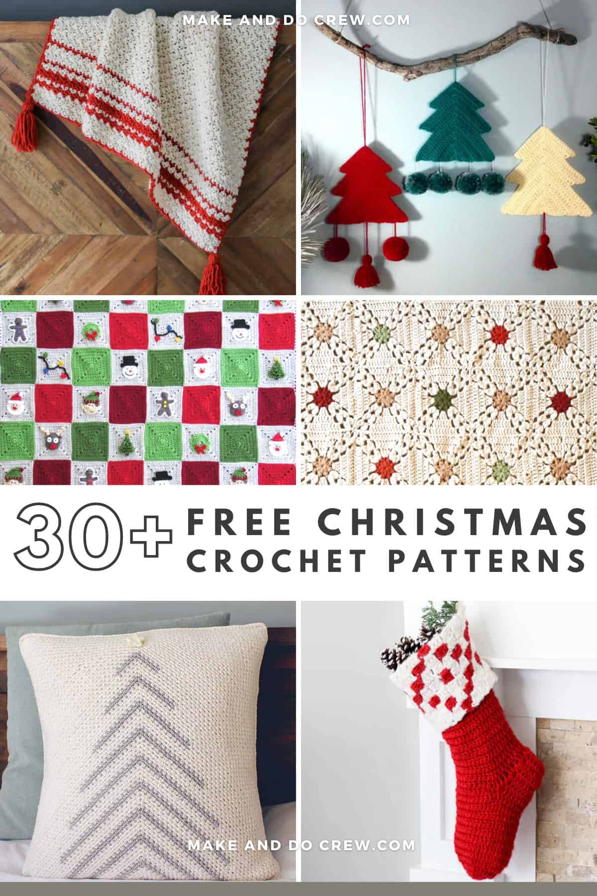 A grid of six modern Christmas crochet projects. There is a pillow, stocking, two granny square blankets, a tree wall hanging and striped blanket.