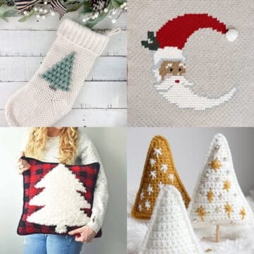A grid of four crochet Christmas crochet projects including pillows, a C2C crochet Santa blanket, gold and white Christmas trees and a bobble stitch stocking.