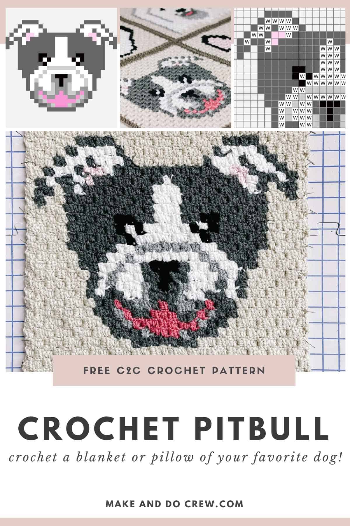 This image shows a free crochet pattern for a corner to corner crochet square featuring a gray and white Pitbull dog face. These photos include a front image of the crochet square on a blocking board, a close up image of the dog square, a pixilated version of the dog square, and an angle shot of the dog square in a blanket.