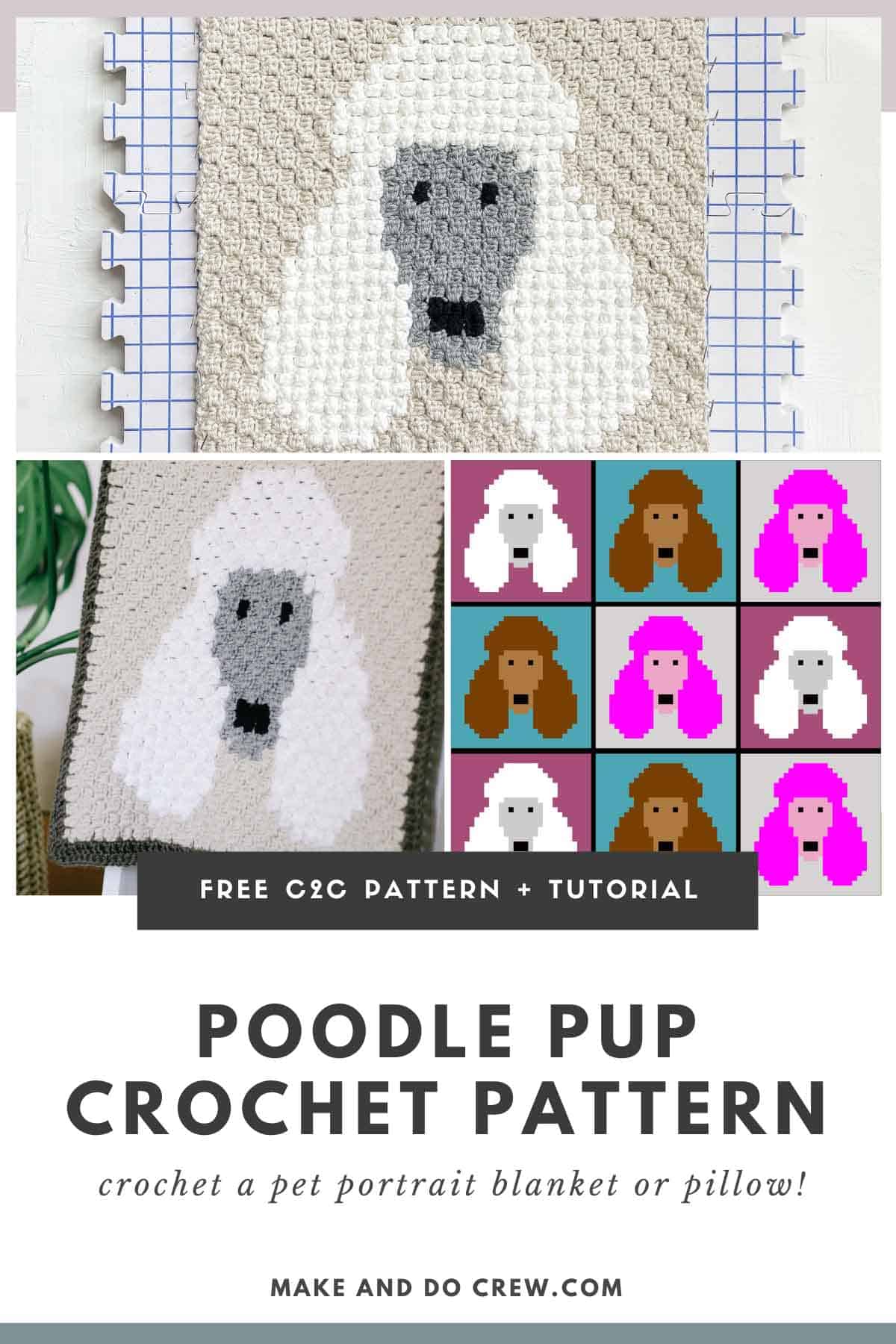 This image shows a free crochet pattern for a corner to corner crochet square featuring a gray and white Poodle dog face. These photos include a front image of the crochet square on a blocking board, a close up image of the dog square on a blanket ladder, and a pixilated version of the dog square repeating nine times.