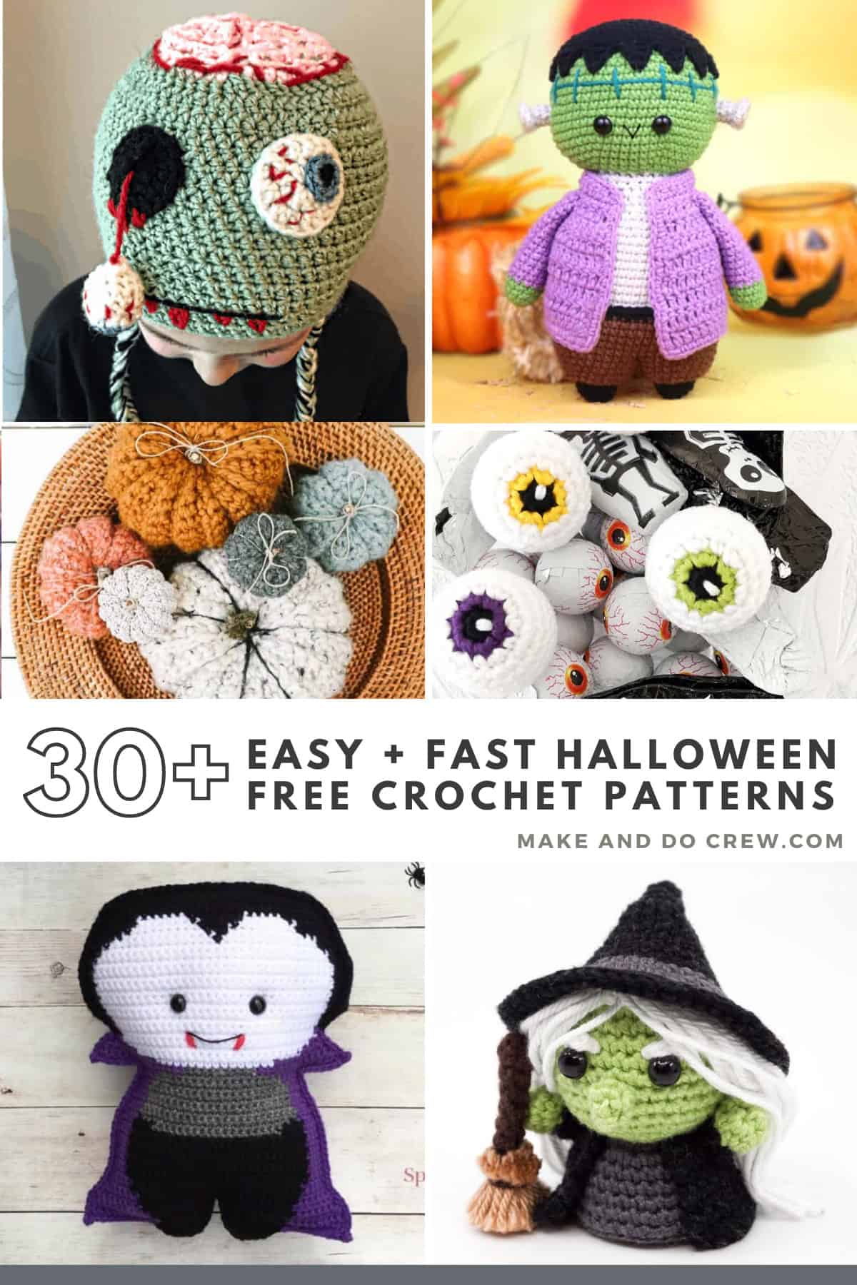 Grid of Halloween crochet amigurumi including a witch, vampire, eyeballs, frankenstein doll and pumpkins.