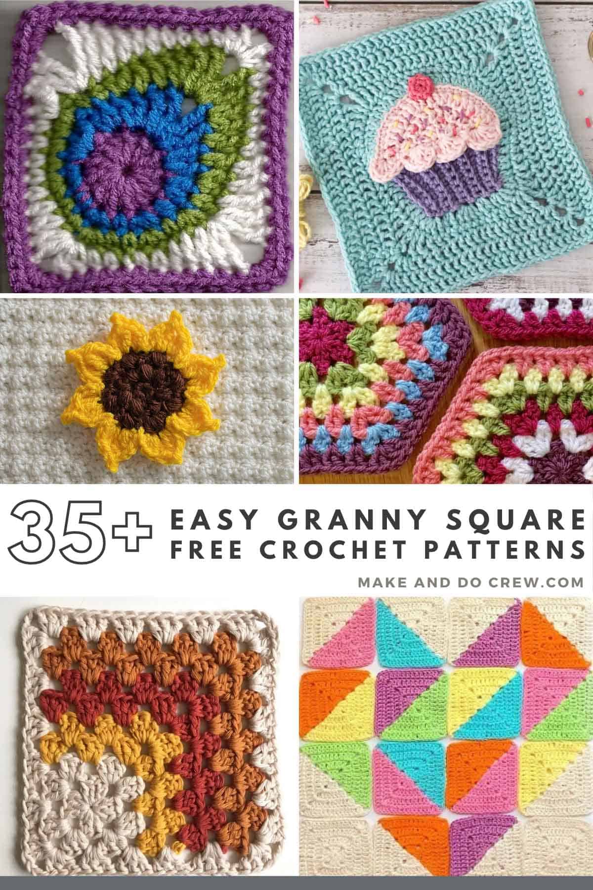 A 6-photo grid showing examples of the 35+ easy granny square free crochet patterns.
