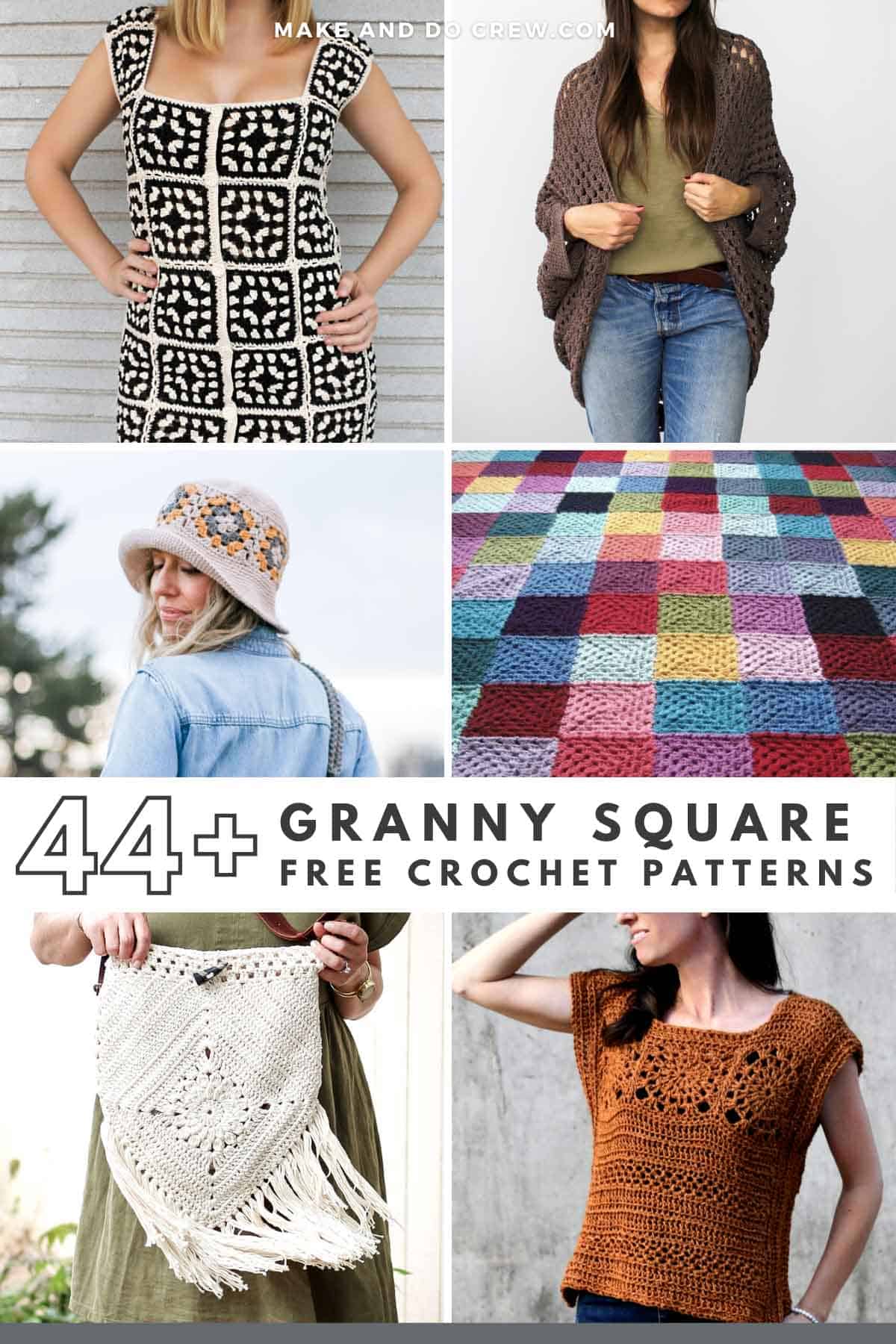 Grid of six granny square crochet projects including a purse, top, dress, bucket hat and blanket.