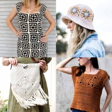A grid of four crochet patterns made from granny squares including a bucket hat, purse, dress and top.