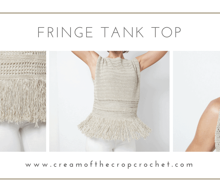 A 3-photo grid collection of a woman wearing a crochet fringe tank top.
