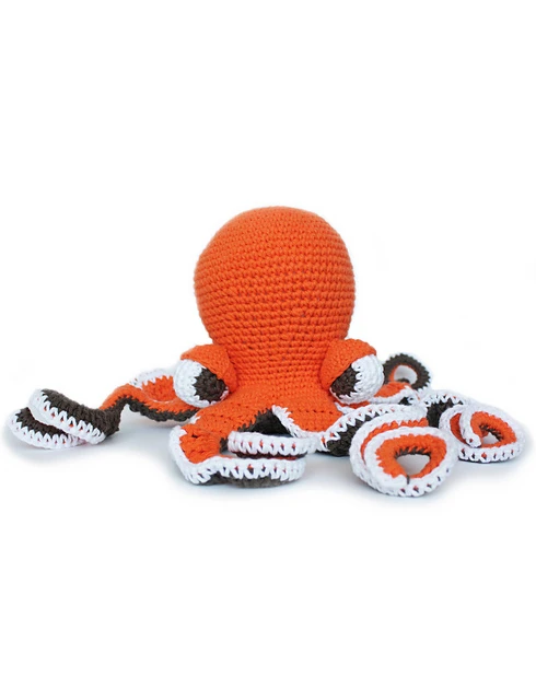 An orange octopus facing backward with long tentacles.