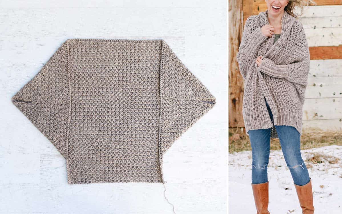 An in-progress rectangle and a finished, worn rectangle cardigan.