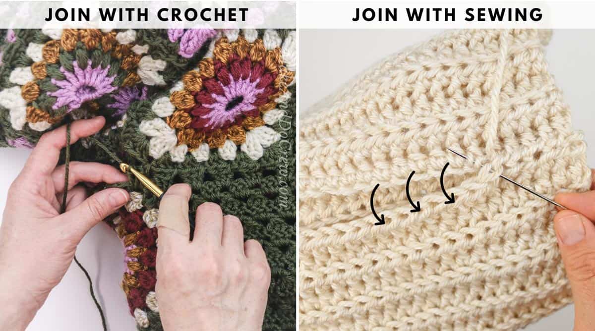 A grid showing a join with crochet and join with seaming crochet technique.