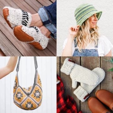 grid of gifts to crochet including slippers, a purse and a bucket hat