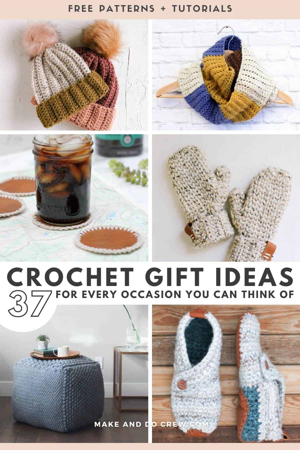collage of crochet gift ideas including mittens, coasters and beanies