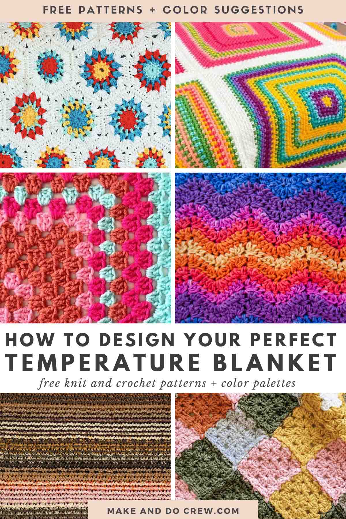 A collection of knit and crochet temperature blankets and color palettes.