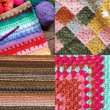 A grid collection of knit and crochet temperature blanket patterns.