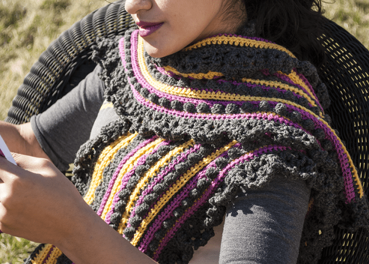 Rancher Shawl, Tunisian crochet mini skein boomerang shawl pattern