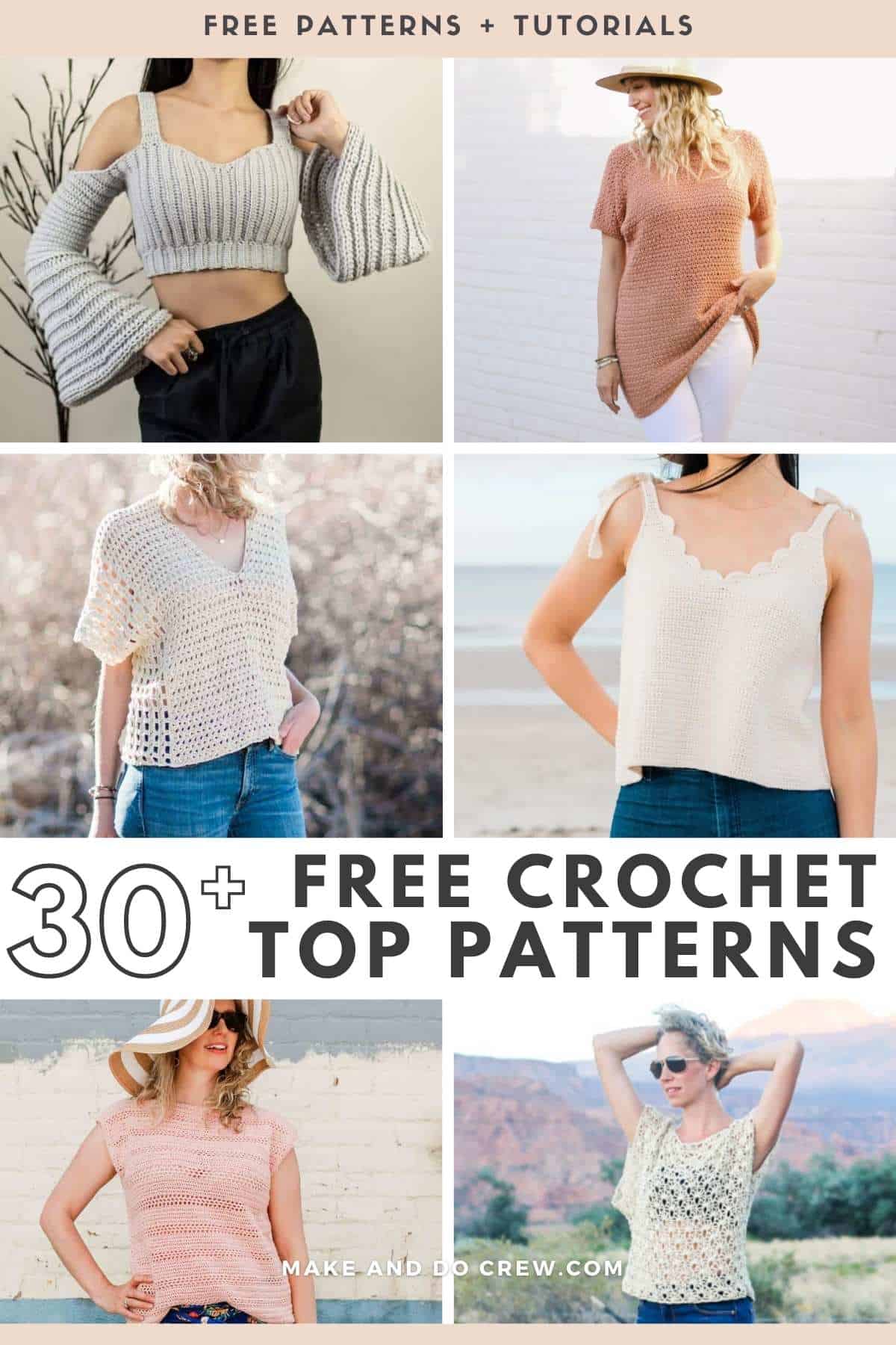 A collage of six photos of women wearing different kinds of crochet tops in white, pink and gray colors. 