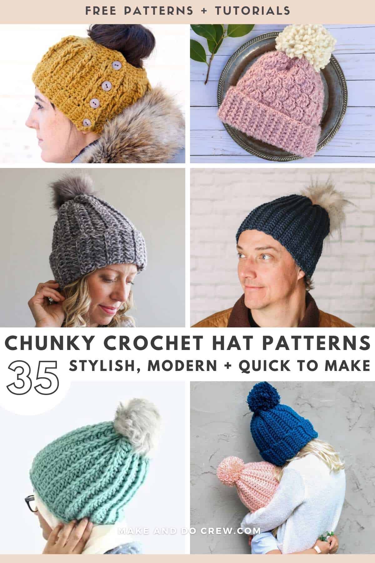 A collage of six photos of different chunky crochet hats. A mustard yellow ponytail crochet hat. A pink chunky crochet hat with a white yarn pompom. A gray chunky crochet hat with a furry pompom. A dark blue crochet beanie with furry pompom. A mint green chunky crochet beanie with furry pompom. Two kids wearing chunky crochet beanies in colors pink and blue with yarn pompoms.