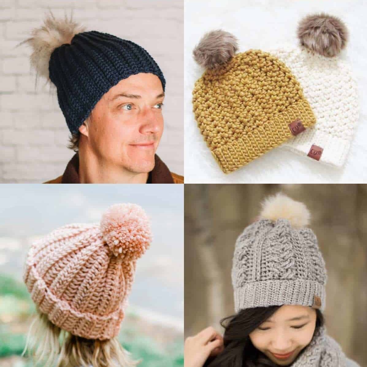 Winter Pompom Beanie Hats for Women Fluffy Knit Womens Beanie Faux Fur Crochet Skull Cap Warm Bucket Outdoor Ear Cover
