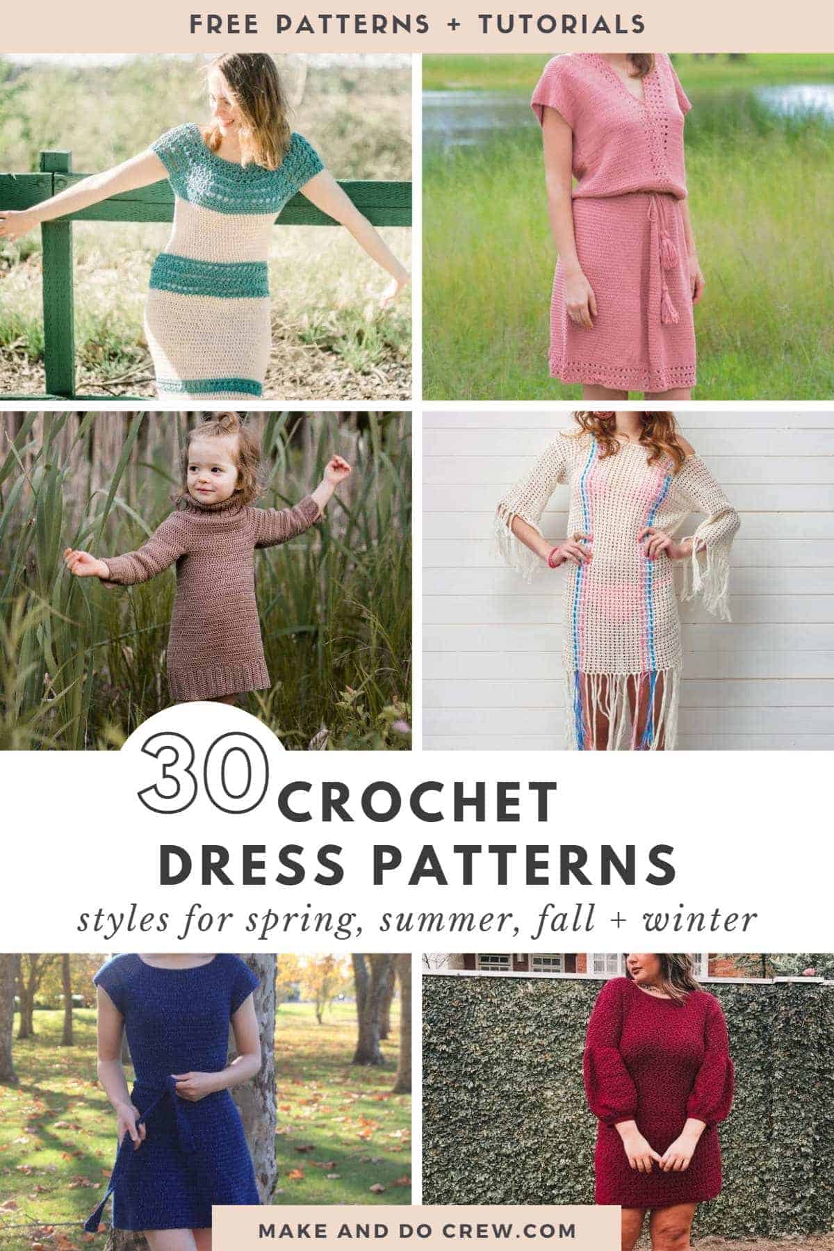 A collage of women crochet dresses.