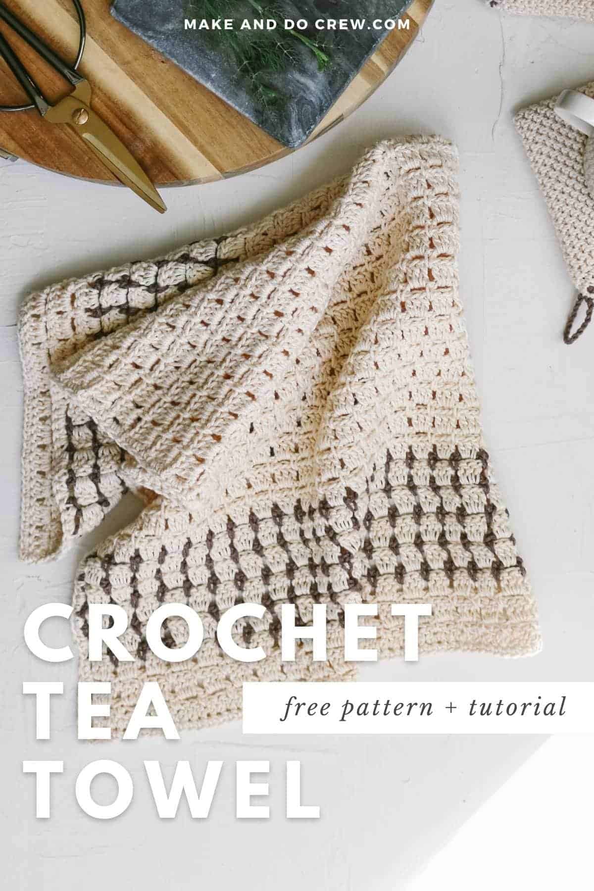 Cream and gray crochet kitchen towel.