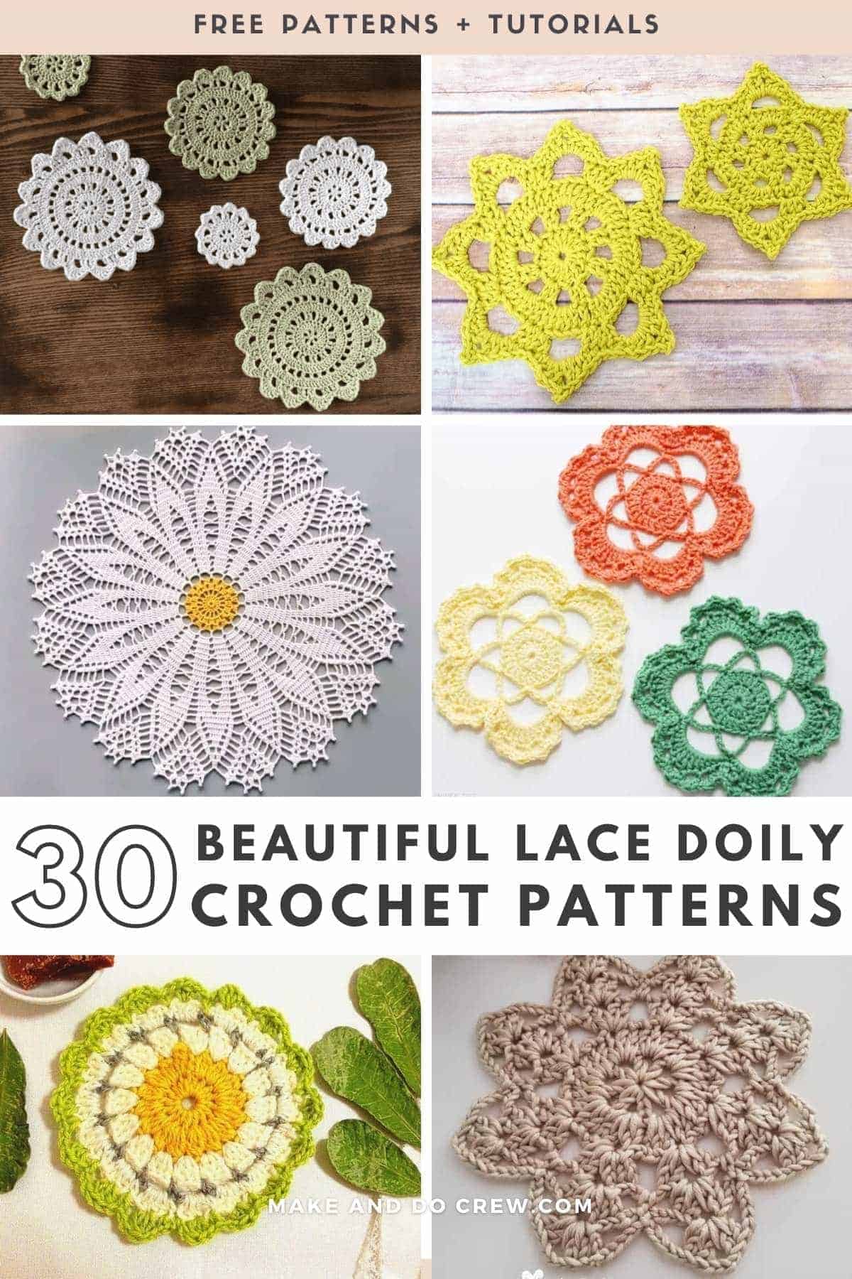 A collage of six photos of different crochet doilies. Six round crochet doilies in colors white and green and in different sizes. A yellow green crochet doily in a star shape. A daisy-like lace crochet doily in white and yellow colors. Flower shaped crochet doilies in colors orange, yellow and green. A round chunky crochet doily in colors lime green, light yellow and bright yellow. A taupe colored flower shaped doily.