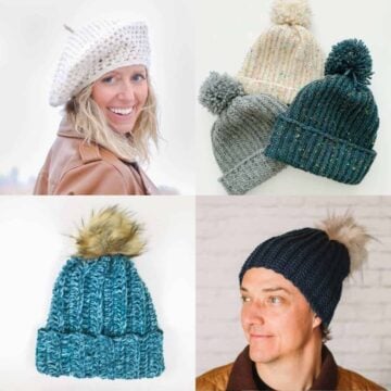 A grid of crocheted beanies and hats.